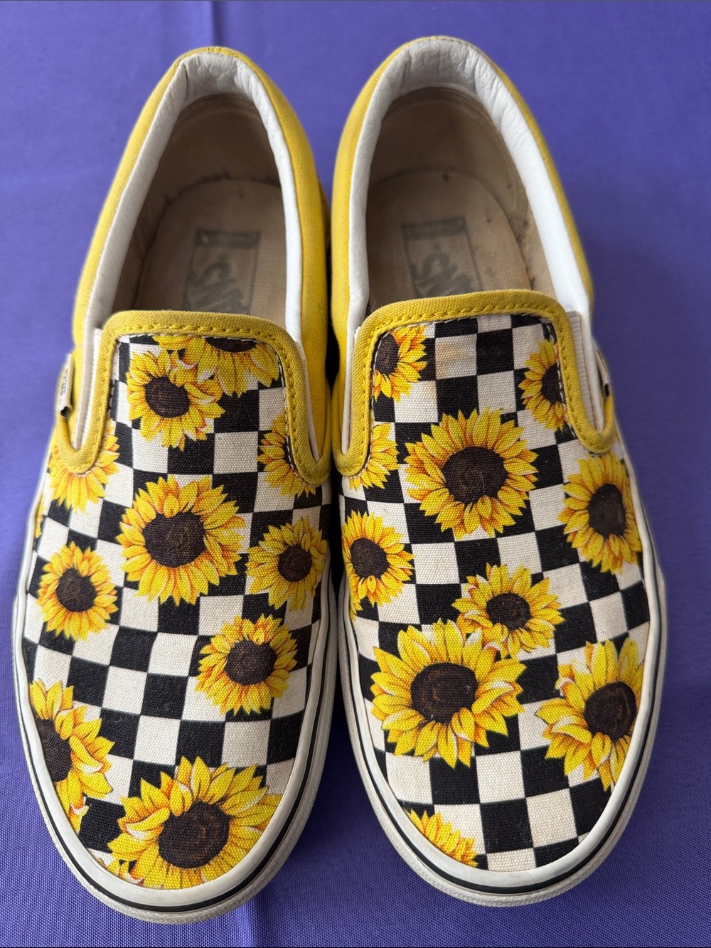 Vans Customs Slip On Sunflower Checkerboard Shoes Womens 8.5